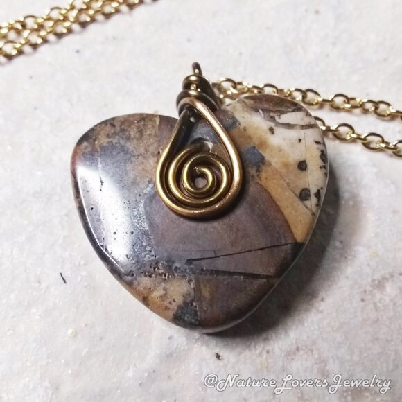 Handmade Zebra Jasper Heart Pendant – Minimalist Necklace for Fall Boho Style - Picture 2 of 7